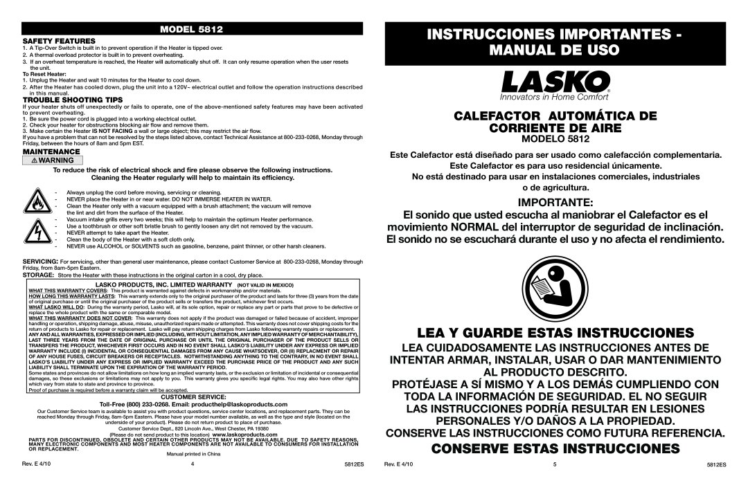 Lasko 5812 Instrucciones Importantes Manual De Uso, Lea Y Guarde Estas Instrucciones, Conserve Estas Instrucciones, Modelo 