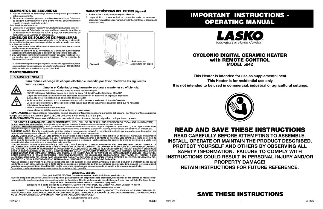 Lasko 5842 manual Elementos DE Seguridad, Consejos DE Solución DE Problemas, Mantenimiento 