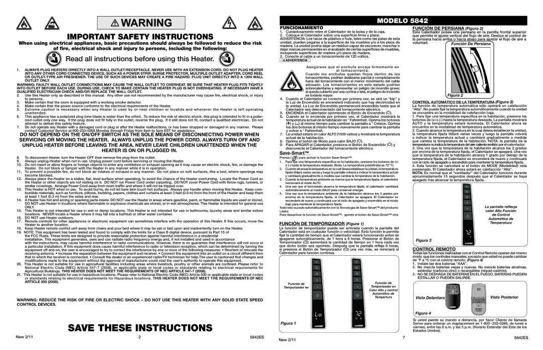 Lasko 5842 manual Save-Smart, Función de Temporizador Figura, Función DE Persiana Figura, Article 500 