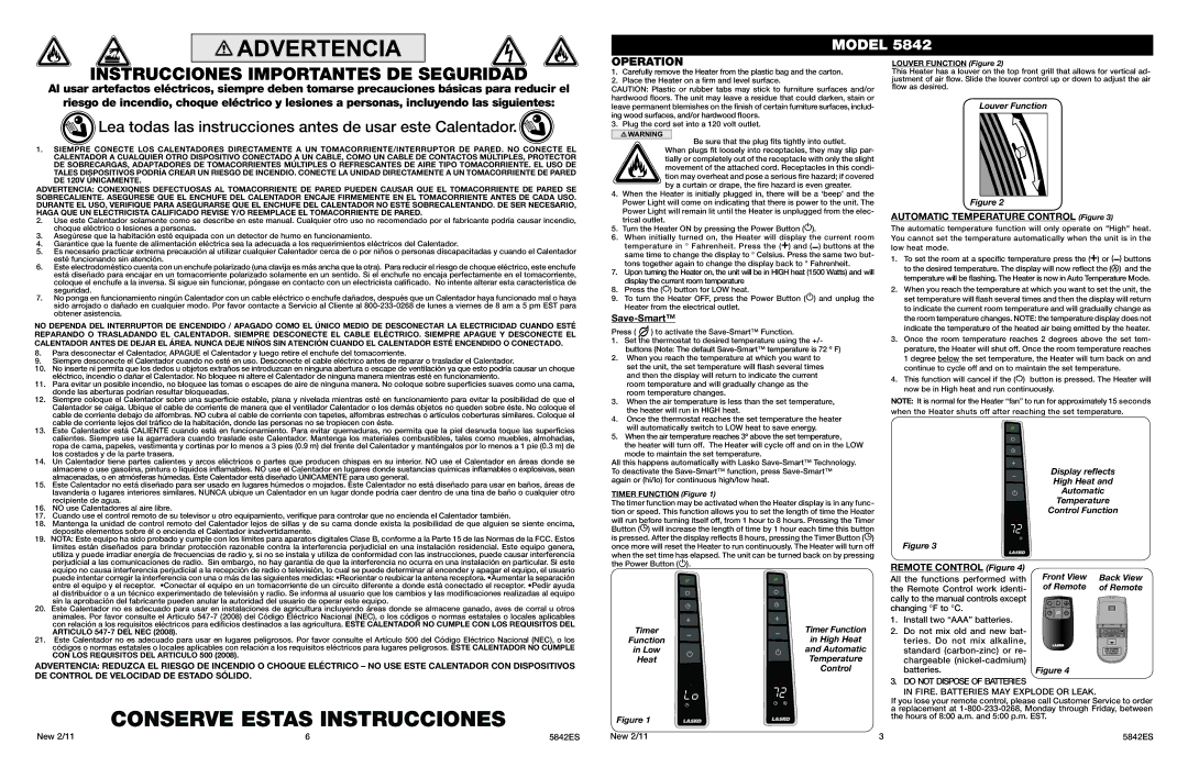 Lasko 5842 manual Operation, Automatic Temperature Control Figure, Remote Control Figure 