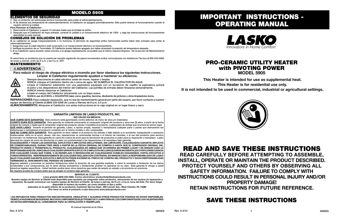 Lasko 5905 manual Elementos DE Seguridad, Consejos DE Solución DE Problemas, Mantenimiento 