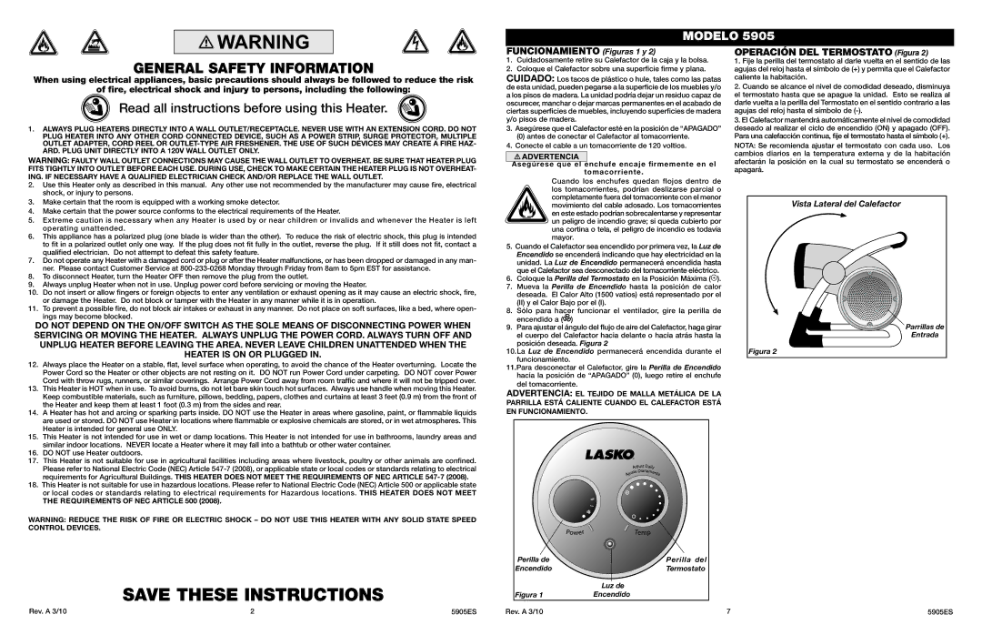 Lasko 5905 manual General Safety Information 