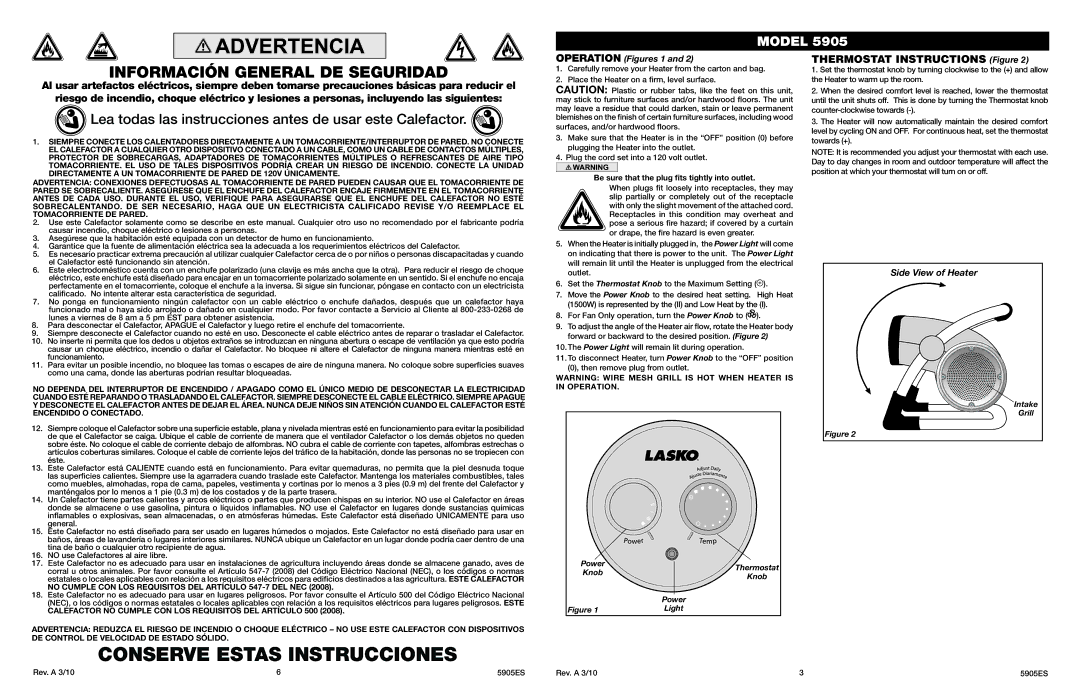 Lasko 5905 manual Conserve Estas Instrucciones 