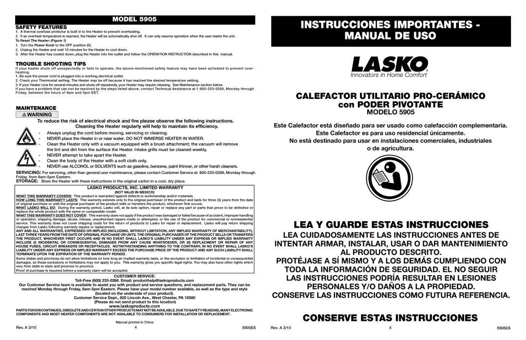 Lasko 5905 manual Safety Features, Trouble Shooting Tips, Maintenance 