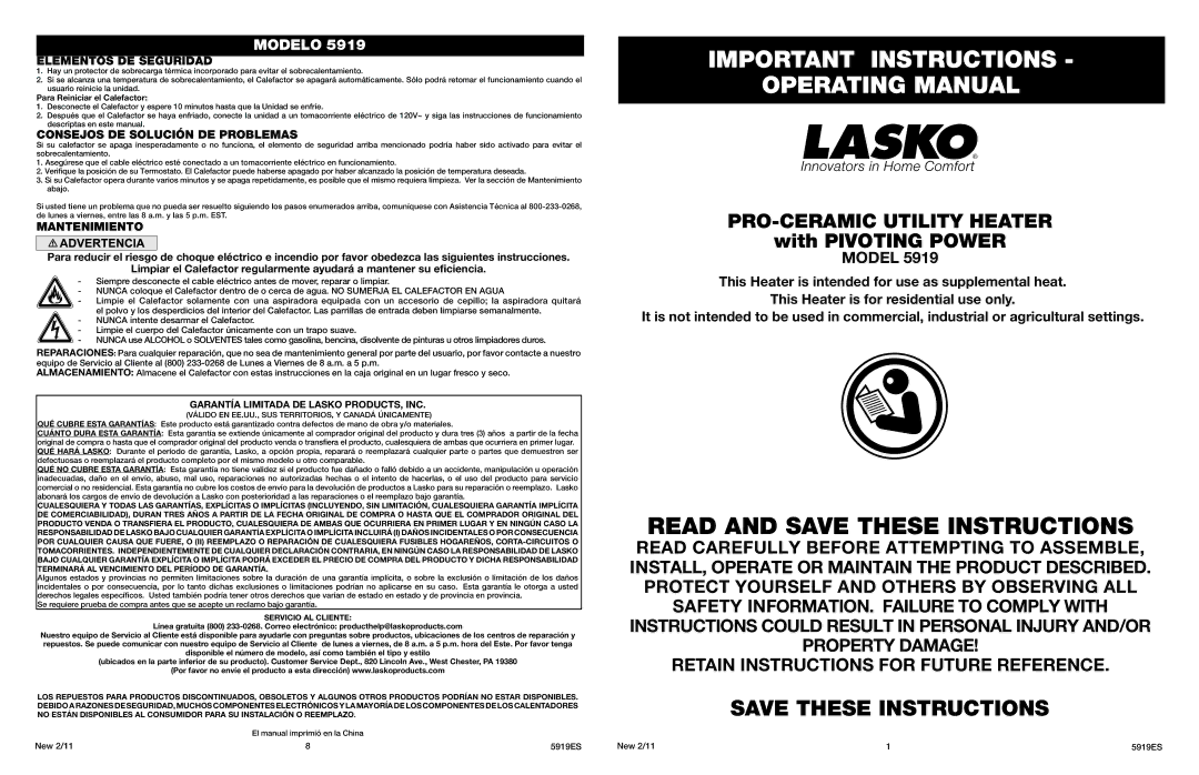 Lasko 5919 manual Elementos DE Seguridad, Consejos DE Solución DE Problemas, Mantenimiento 