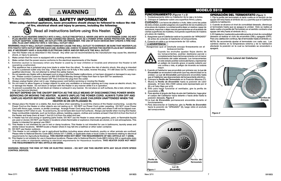 Lasko 5919 manual Funcionamiento Figuras 1 y, Operación DEL Termostato Figura 