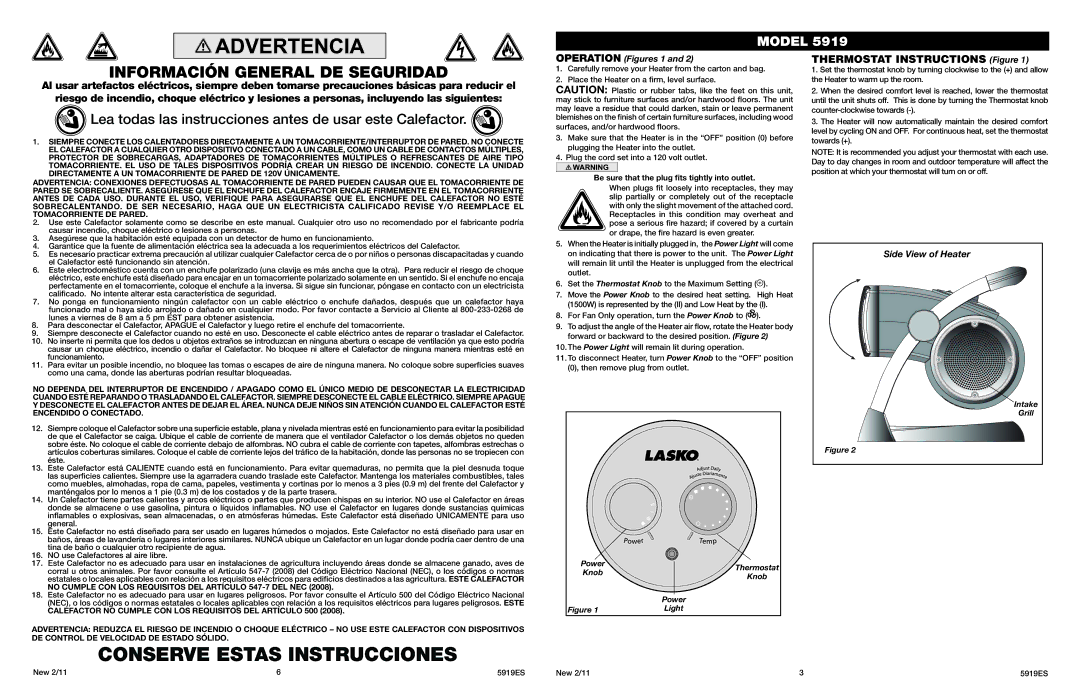 Lasko 5919 manual Información General DE Seguridad, Thermostat Instructions Figure 