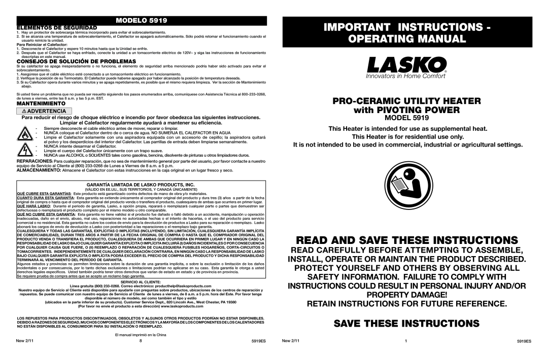 Lasko 5919 manual Important Instructions Operating Manual, Read And Save These Instructions, Modelo 