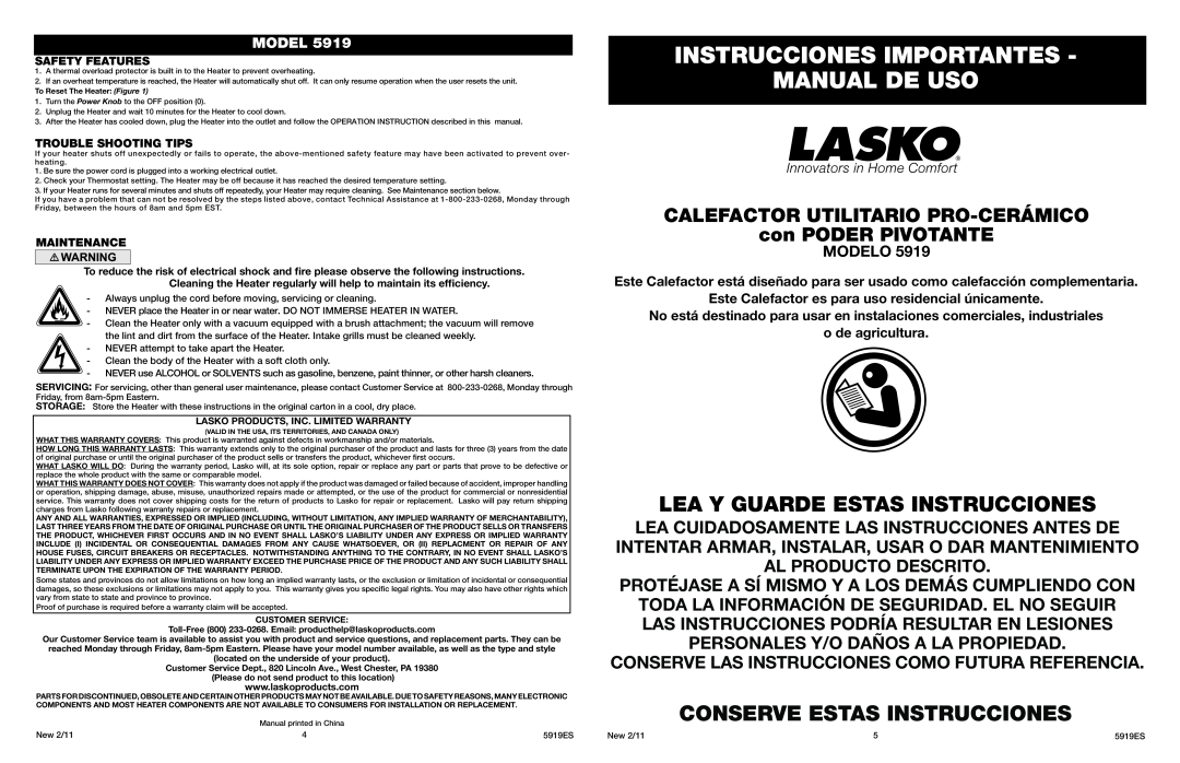 Lasko 5919 manual Instrucciones Importantes Manual De Uso, Lea Y Guarde Estas Instrucciones, Conserve Estas Instrucciones 