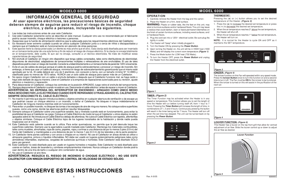 Lasko 6000 manual Operation, Louver Function Figure, Ionizer Figure 