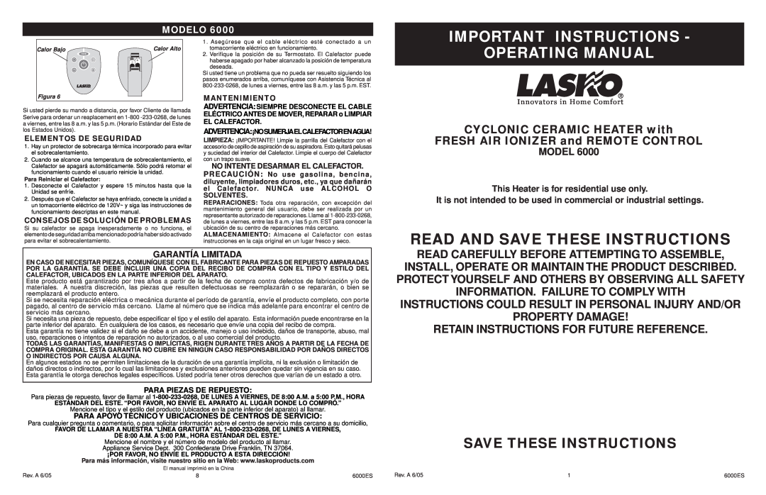Lasko 6000 manual Important Instructions, Operating Manual, Save These Instructions, CYCLONIC CERAMIC HEATER with, Model 