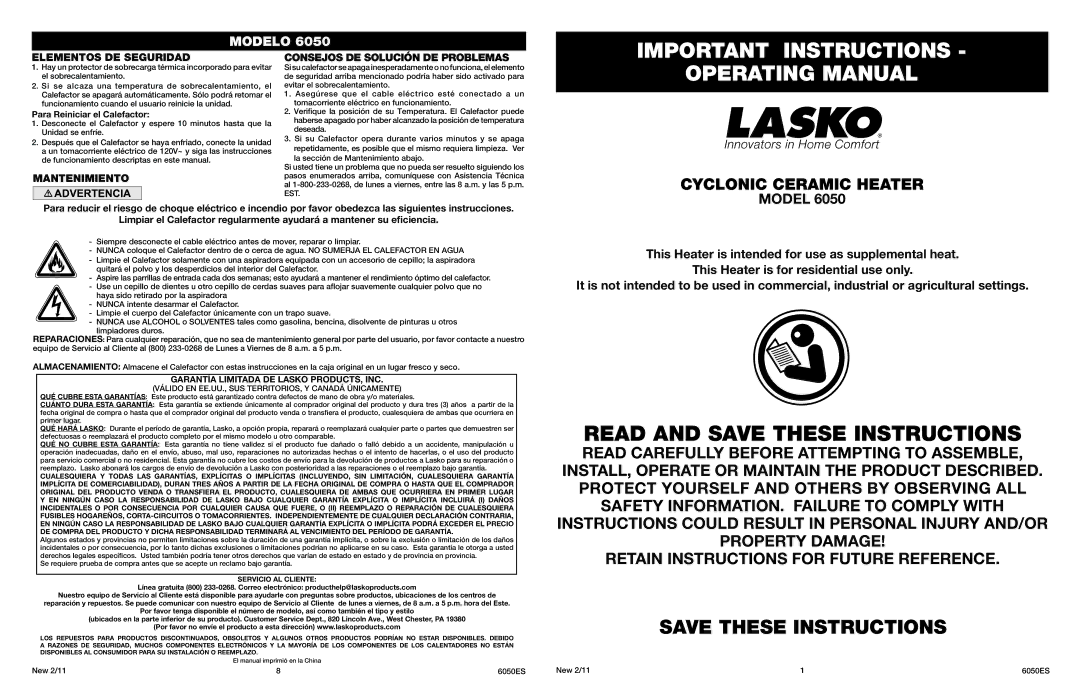 Lasko 6050 manual Important Instructions, Operating Manual, Cyclonic Ceramic Heater, Elementos DE Seguridad 