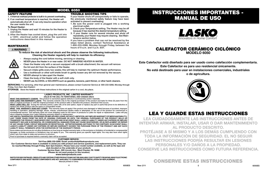 Lasko 6050 Instrucciones Importantes Manual DE USO, Safety Feature Trouble Shooting Tips, Maintenance, To Reset Heater 