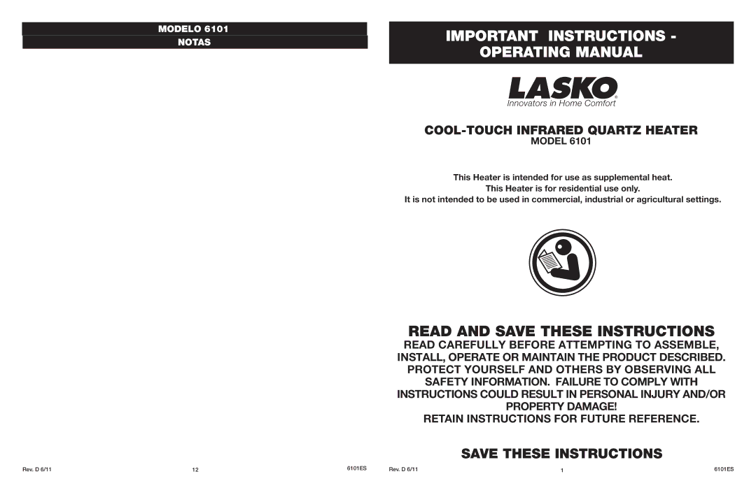 Lasko manual Important Instructions Operating Manual, 6101ES 