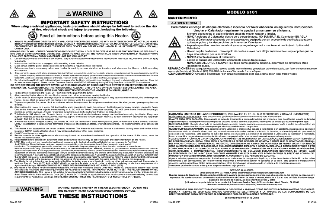 Lasko 6101 manual Important Safety Instructions, Read all instructions before using this Heater, Mantenimiento 