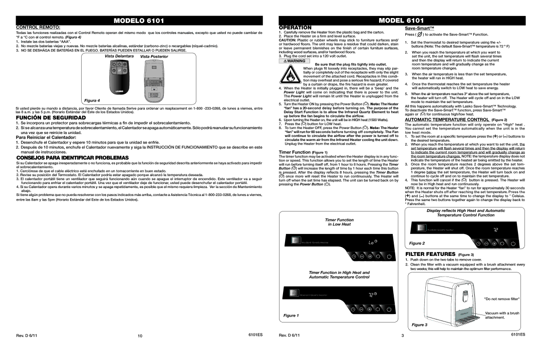 Lasko 6101 Función DE Seguridad, Consejos Para Identificar Problemas, Operation, Filter Features Figure, Control Remoto 