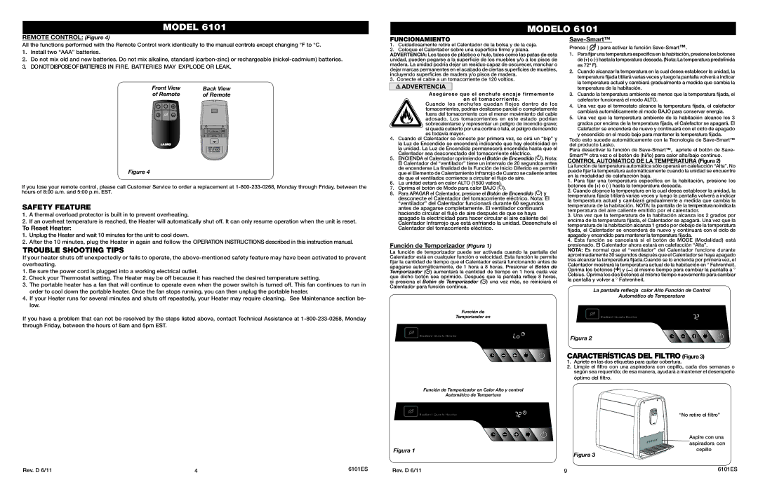 Lasko 6101 manual Safety Feature, Trouble Shooting Tips, Características DEL Filtro Figura, Funcionamiento 