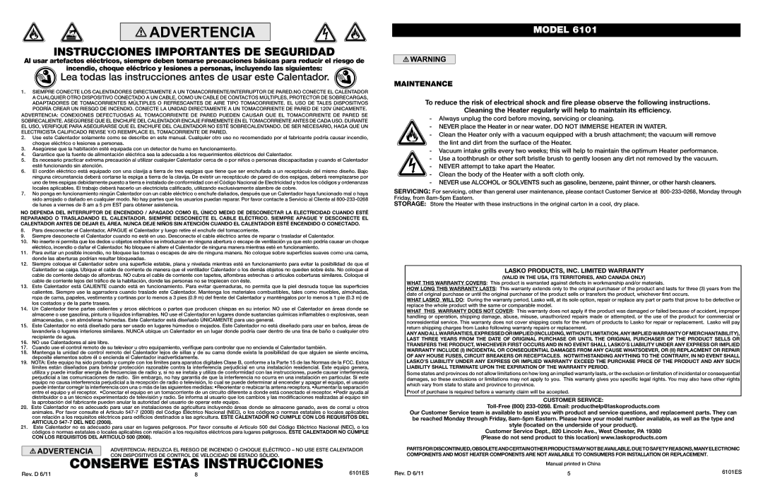 Lasko 6101 manual Conserve Estas Instrucciones, Instrucciones Importantes DE Seguridad, Maintenance 