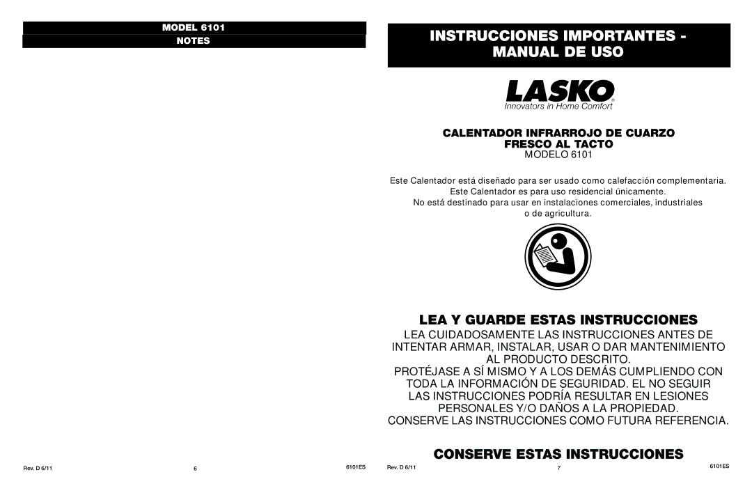 Lasko 6101 manual Instrucciones Importantes Manual DE USO, LEA Y Guarde Estas Instrucciones 