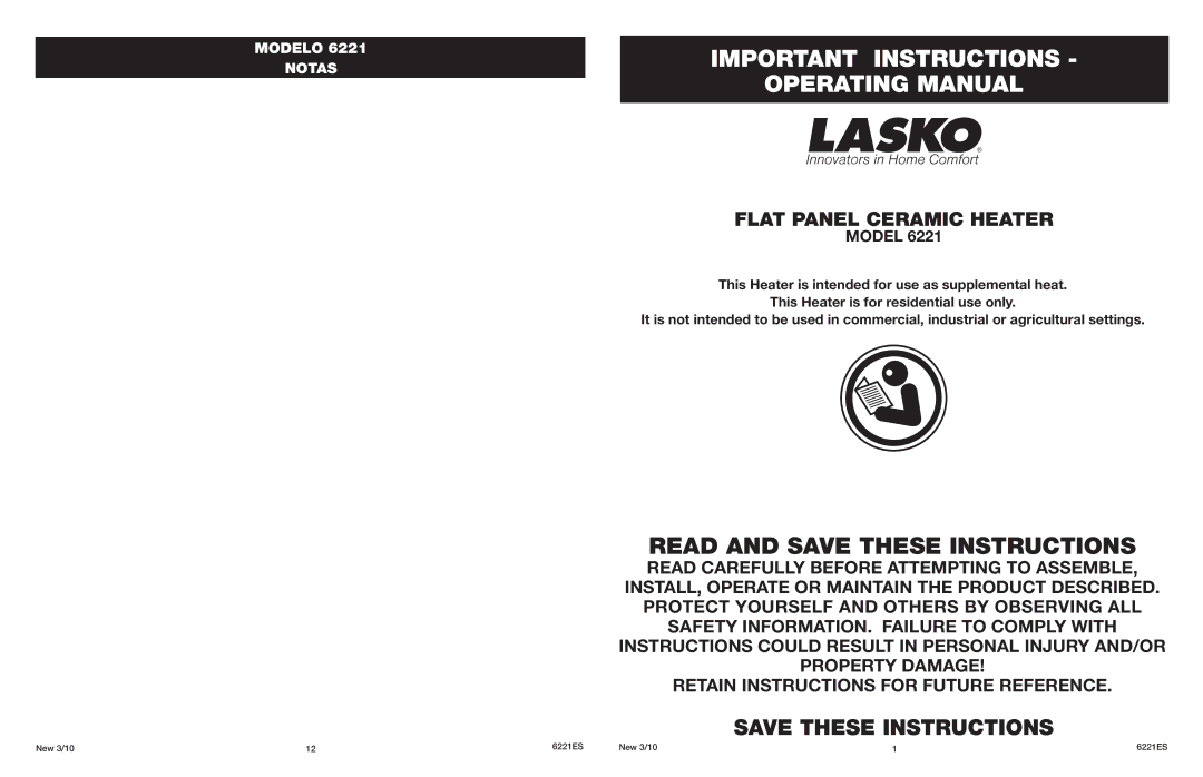 Lasko 6221 manual Important Instructions Operating Manual, Flat Panel Ceramic Heater 