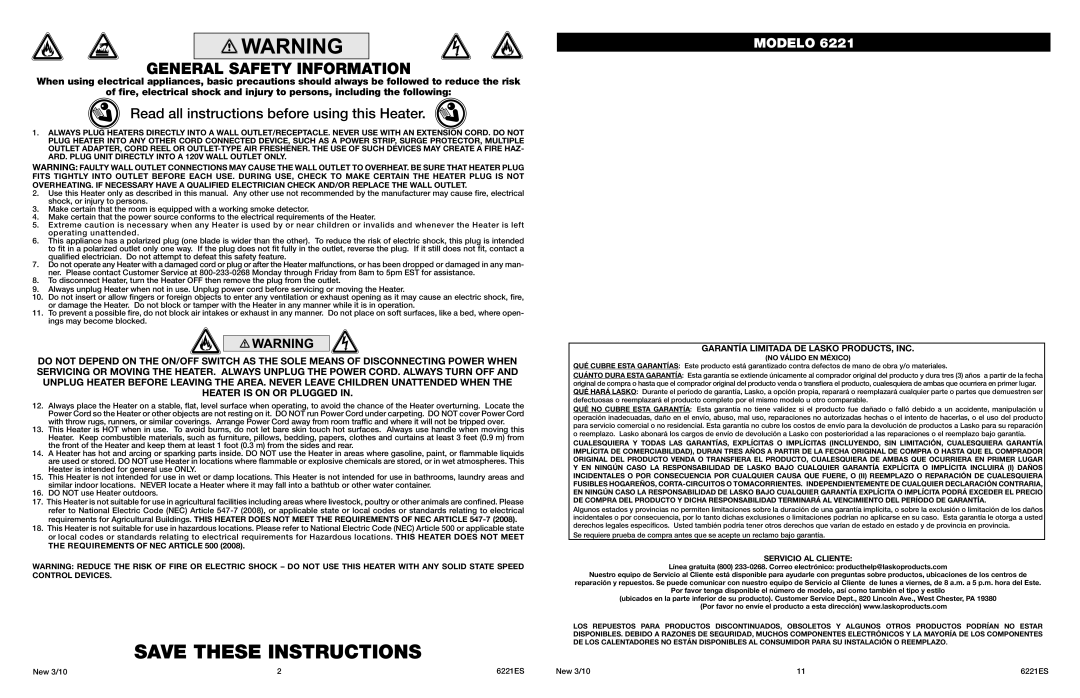 Lasko 6221 General Safety Information, Read all instructions before using this Heater, Requirements of NEC Article 500 