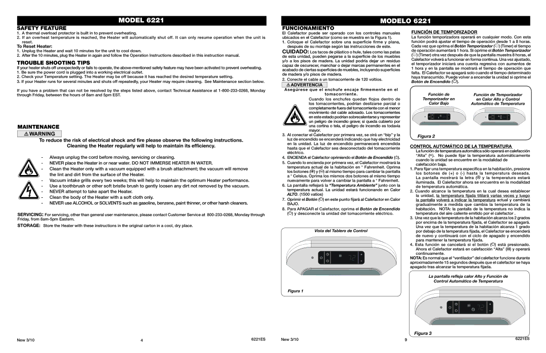 Lasko 6221 manual Safety Feature, Trouble Shooting Tips, Maintenance, Funcionamiento 