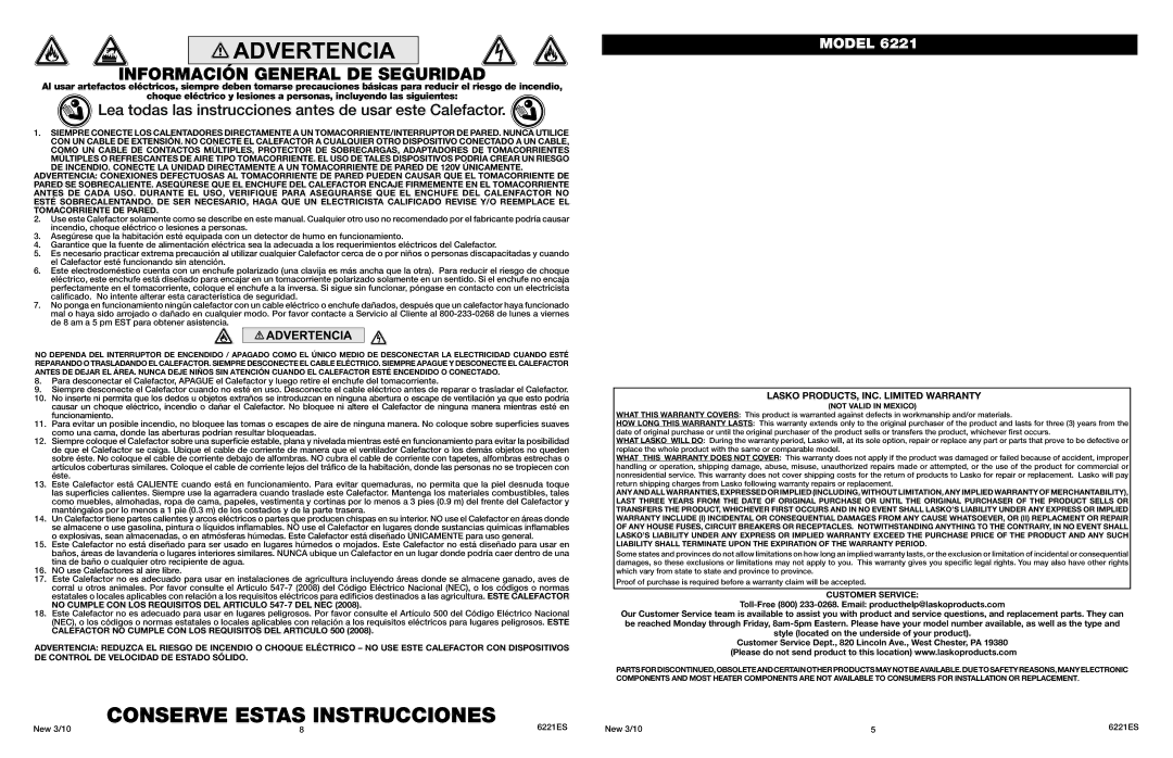 Lasko 6221 manual Conserve Estas Instrucciones, Información General DE Seguridad,  LASKO PRODUCTS, INC. Limited Warranty 