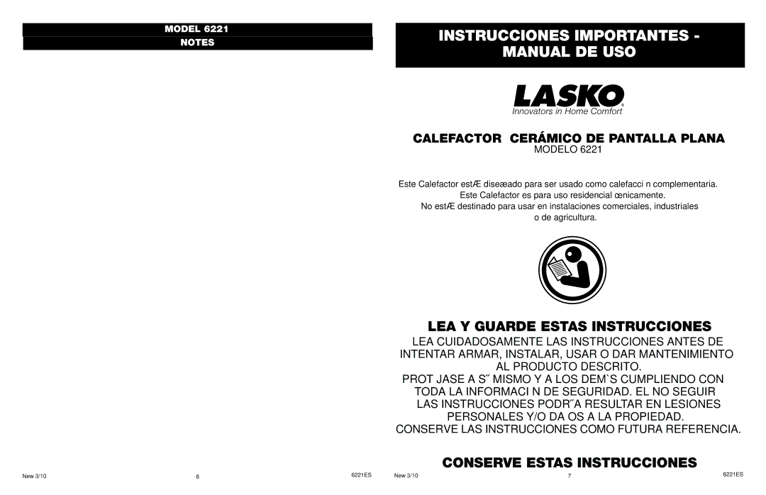 Lasko 6221 manual Instrucciones Importantes Manual DE USO, LEA Y Guarde Estas Instrucciones 