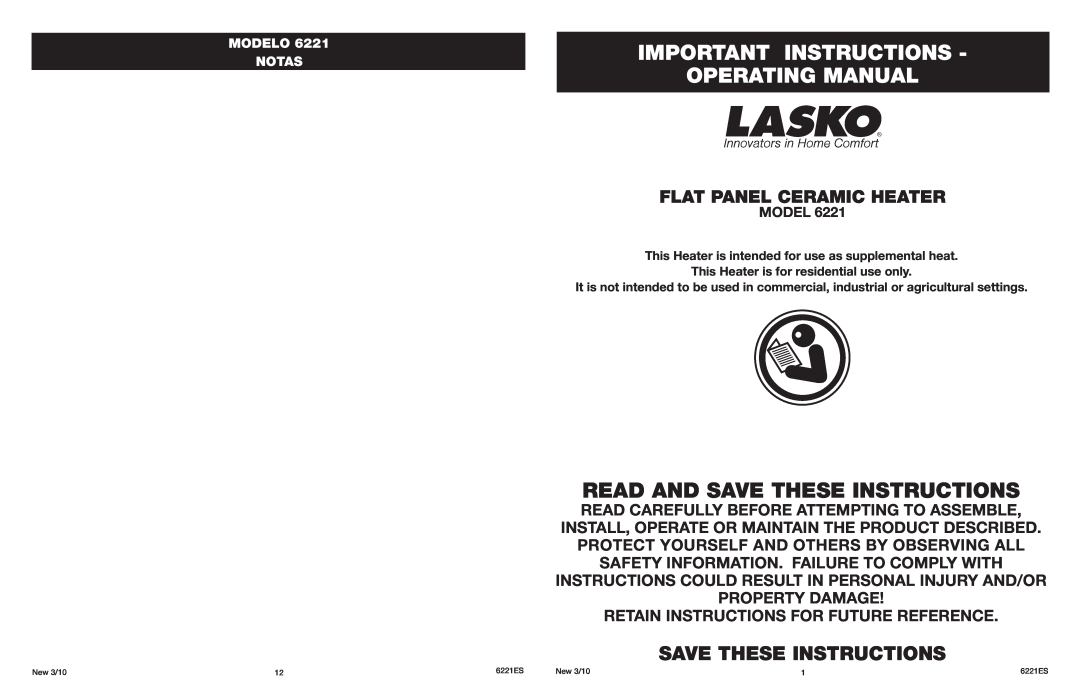 Lasko 6221 manual Important Instructions Operating Manual, Save These Instructions, Flat Panel Ceramic Heater 