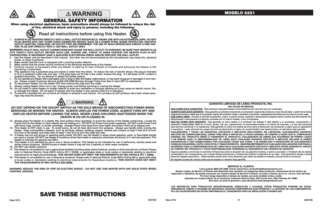 Lasko 6221 Save These Instructions, General Safety Information, Read all instructions before using this Heater, Modelo 