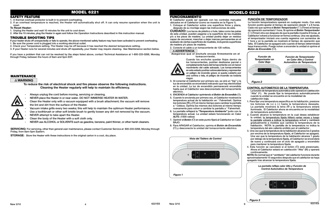 Lasko 6221 manual Modelo, Safety Feature, Trouble Shooting Tips, Maintenance, Funcionamiento, To Reset Heater, Figura 