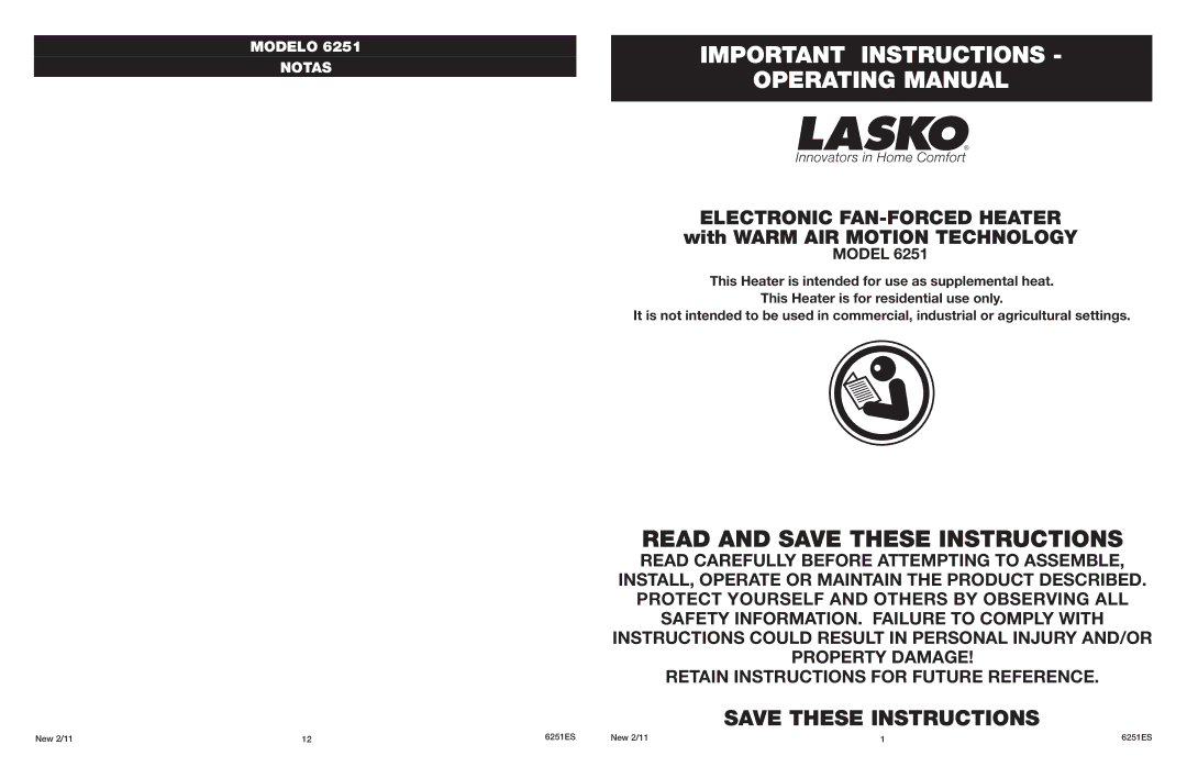 Lasko O 6251 manual Important Instructions Operating Manual, Model 