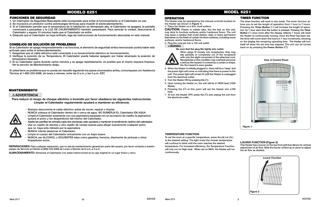 Lasko O 6251 manual Funciones DE Seguridad, Consejos DE Solución DE Problemas, Mantenimiento, Operation, Timer Function 