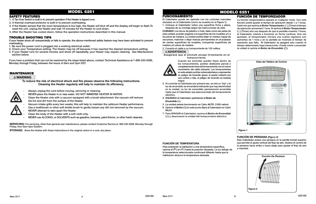 Lasko O 6251 manual Safety Features, Trouble Shooting Tips, Maintenance, Funcionamiento, Función DE Temporizador 