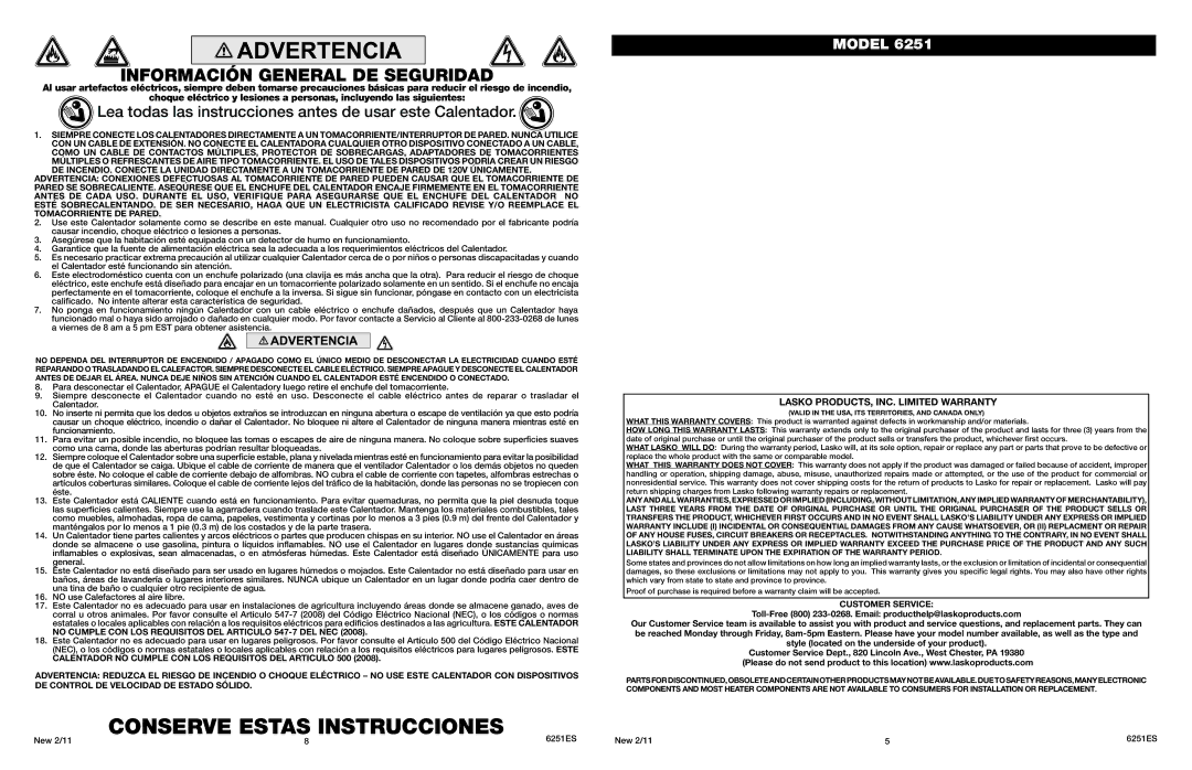 Lasko O 6251 manual Conserve Estas Instrucciones, Información General DE Seguridad,  LASKO PRODUCTS, INC. Limited Warranty 