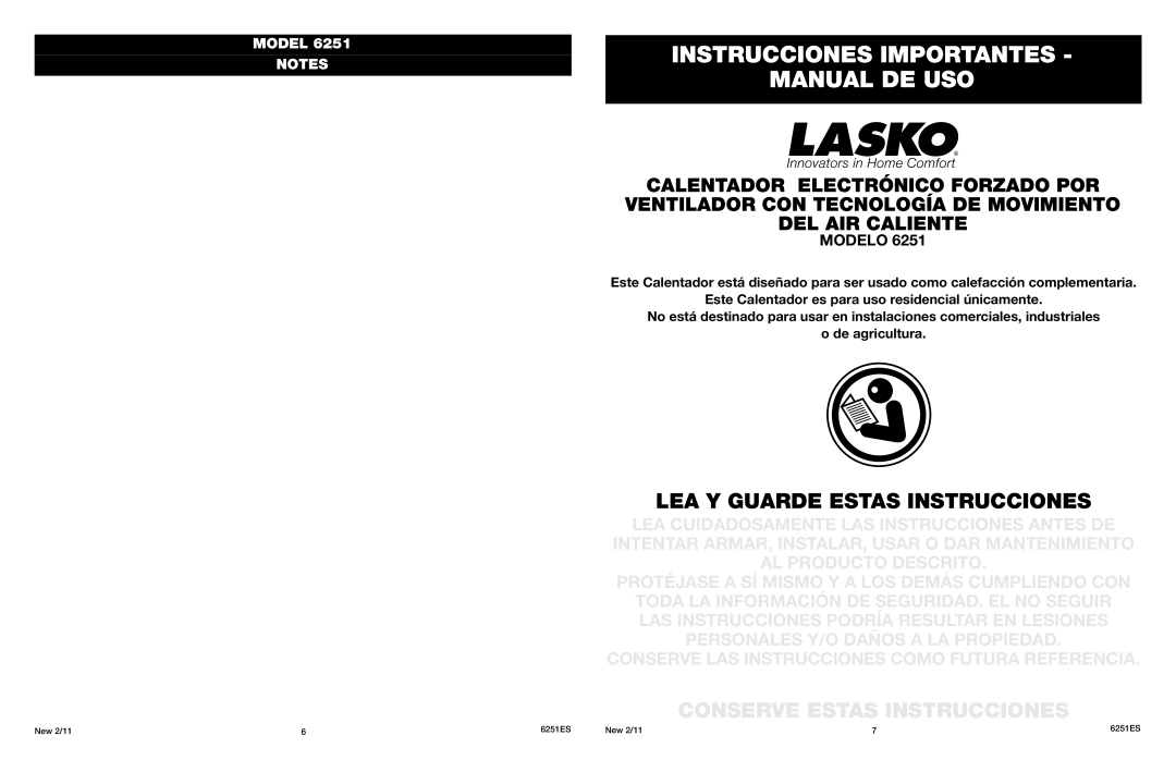 Lasko O 6251 manual Instrucciones Importantes Manual DE USO, LEA Y Guarde Estas Instrucciones 