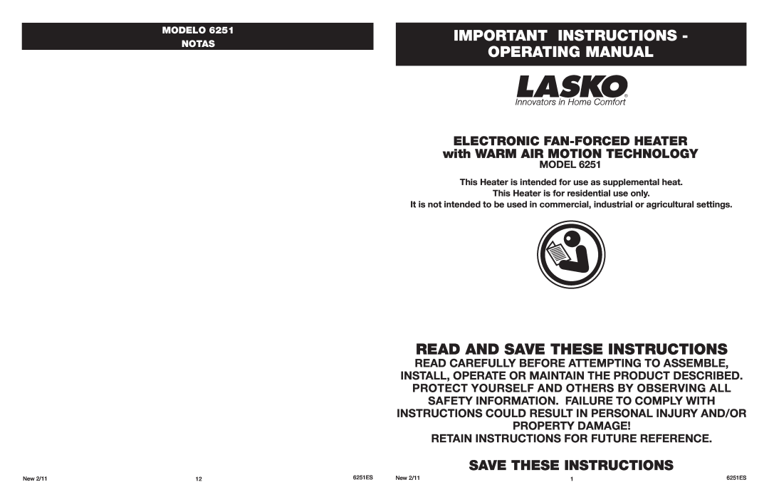 Lasko O 6251 manual Important Instructions Operating Manual, Read And Save These Instructions 