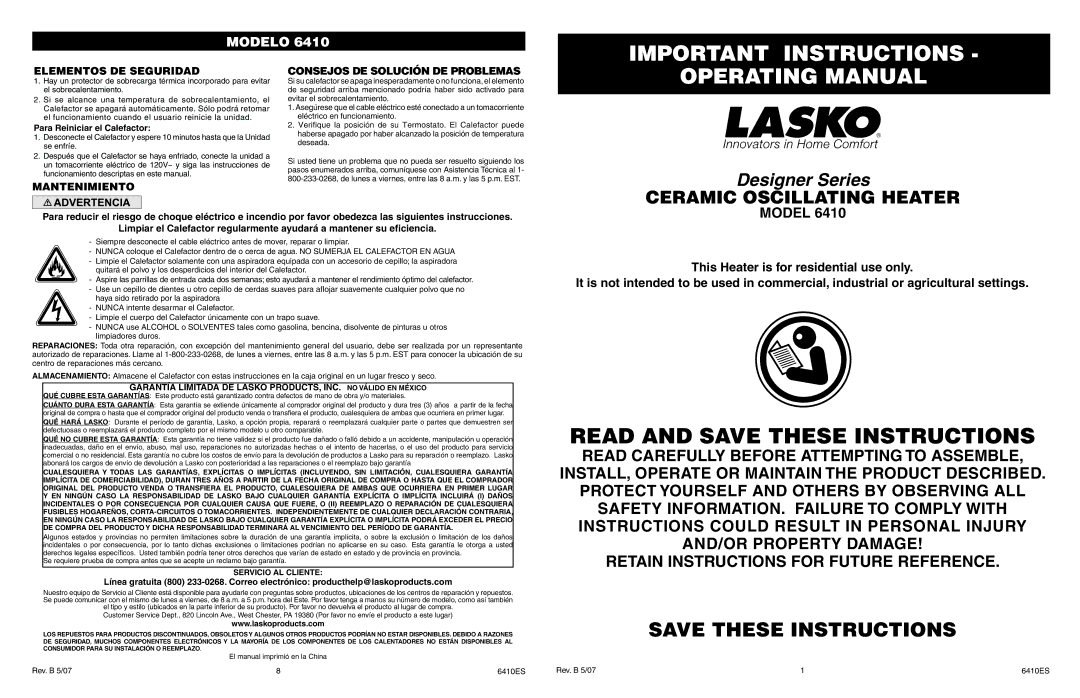 Lasko 6410 manual Important Instructions, Operating Manual, Elementos DE Seguridad, Para Reiniciar el Calefactor 