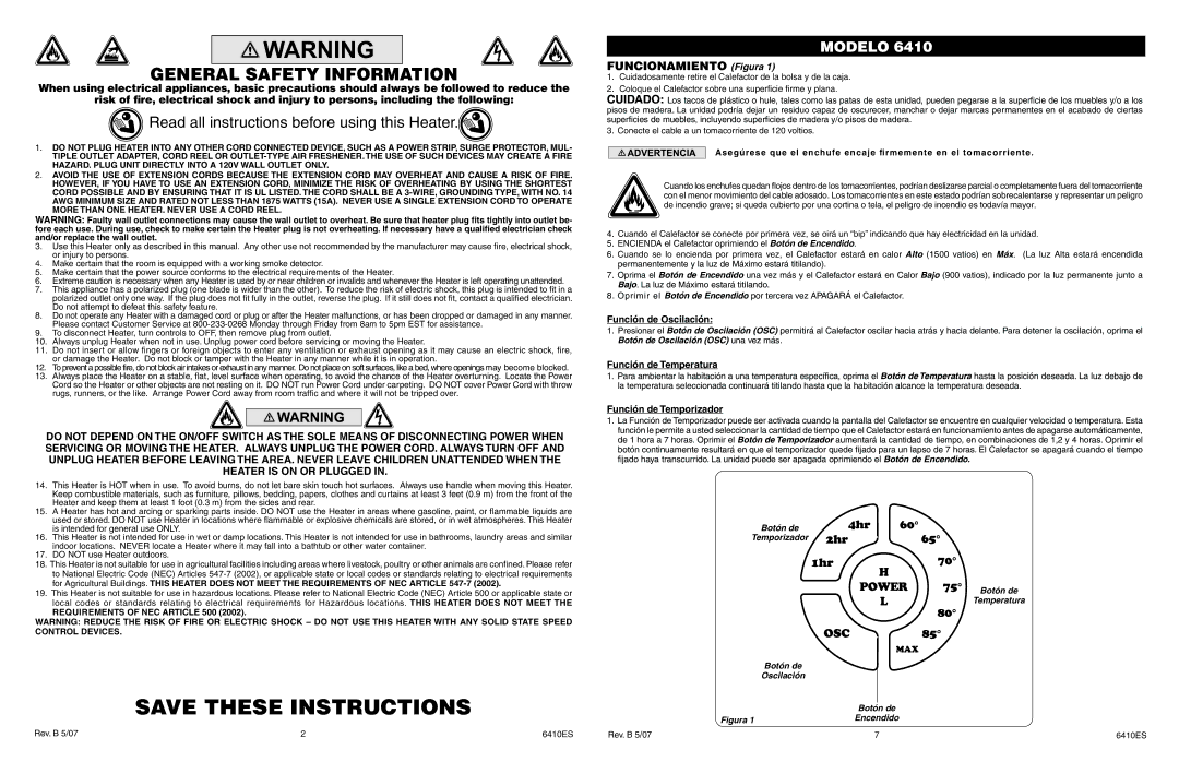 Lasko 6410 manual Función de Oscilación, Función de Temperatura, Función de Temporizador 