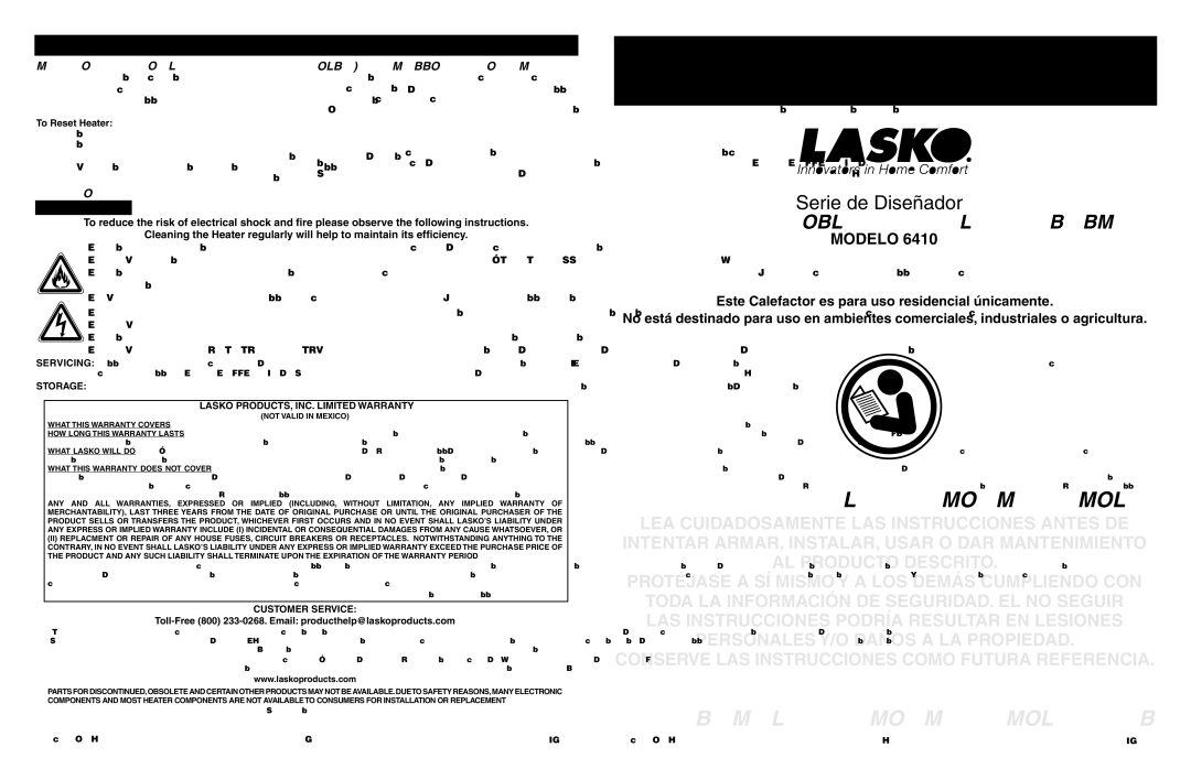 Lasko 6410 manual Instrucciones Importantes, Manual DE USO, Safety Feature, Maintenance Trouble Shooting Tips 