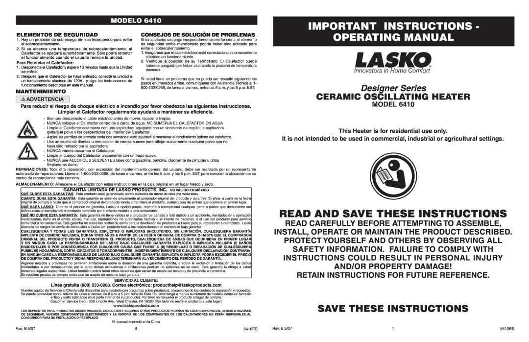 Lasko 6410 manual Important Instructions, Operating Manual, Save These Instructions, Designer Series, Modelo 