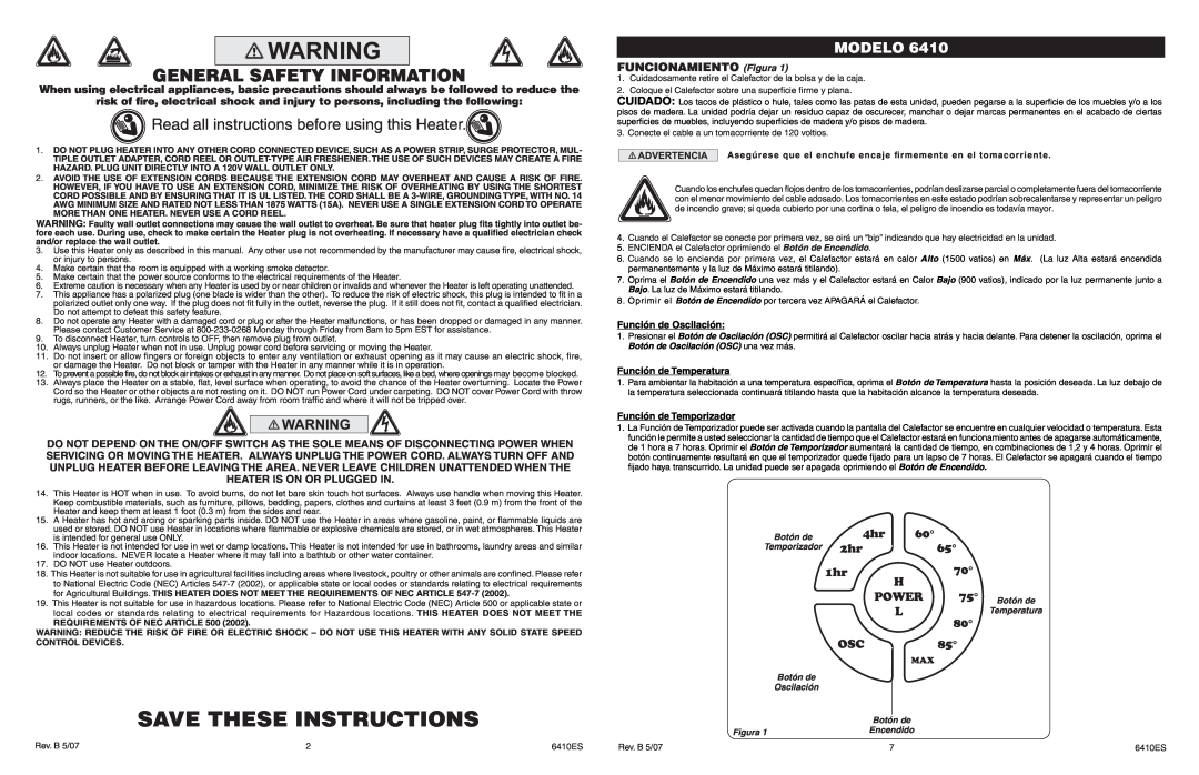Lasko 6410 Save These Instructions, General Safety Information, Read all instructions before using this Heater, Modelo 