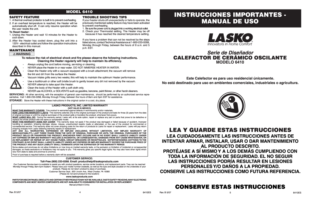Lasko 6410 manual Instrucciones Importantes, Manual De Uso, Lea Y Guarde Estas Instrucciones, Conserve Estas Instrucciones 