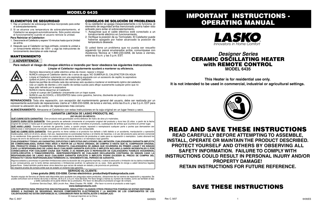 Lasko 6435 manual Important Instructions, Operating Manual, Elementos DE Seguridad 