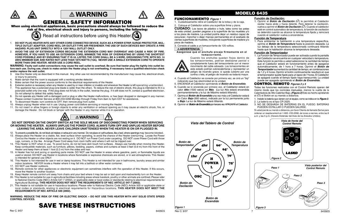 Lasko 6435 manual Funcionamiento Figura, Control Remoto Figuras 2 y, Función de Oscilación, Función de Temperatura 