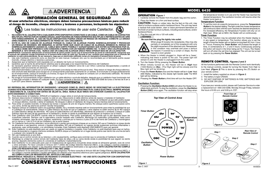 Lasko 6435 manual Operation Figure, Remote Control Figures 2, Oscillation Function, Temperature Function, Timer Function 