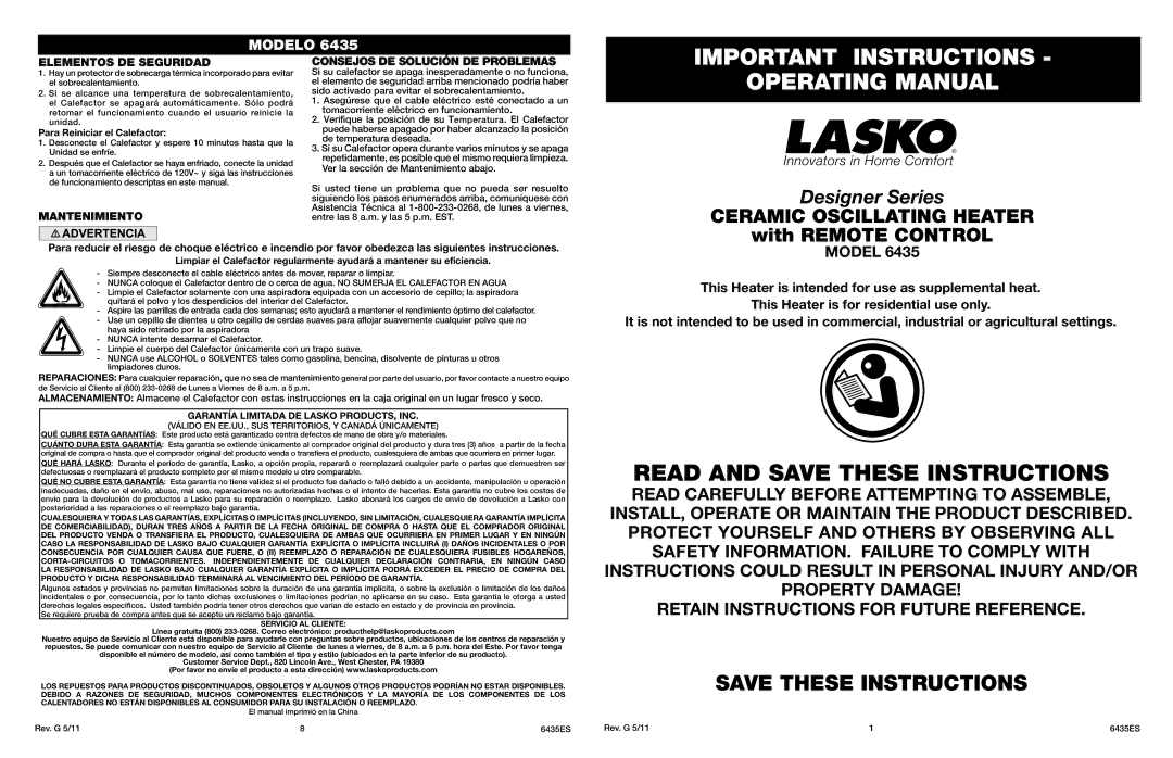 Lasko 6435 manual Important Instructions, Operating Manual, Elementos DE Seguridad, Para Reiniciar el Calefactor 