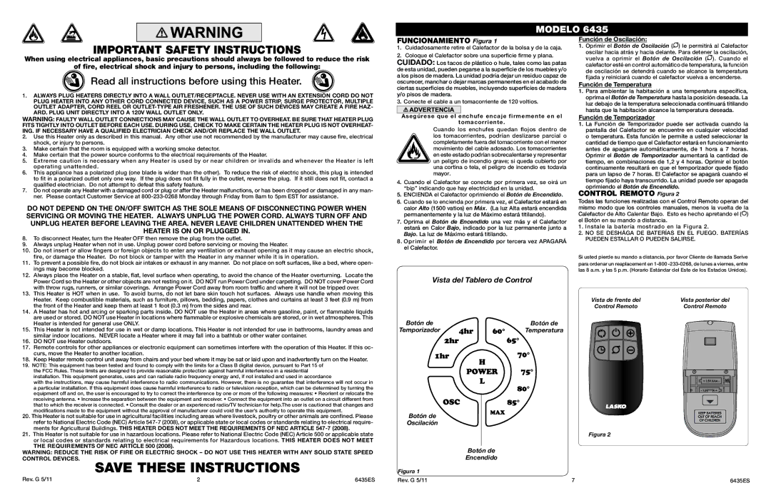 Lasko 6435 manual Funcionamiento Figura, Control Remoto Figura, Función de Oscilación, Función de Temperatura 