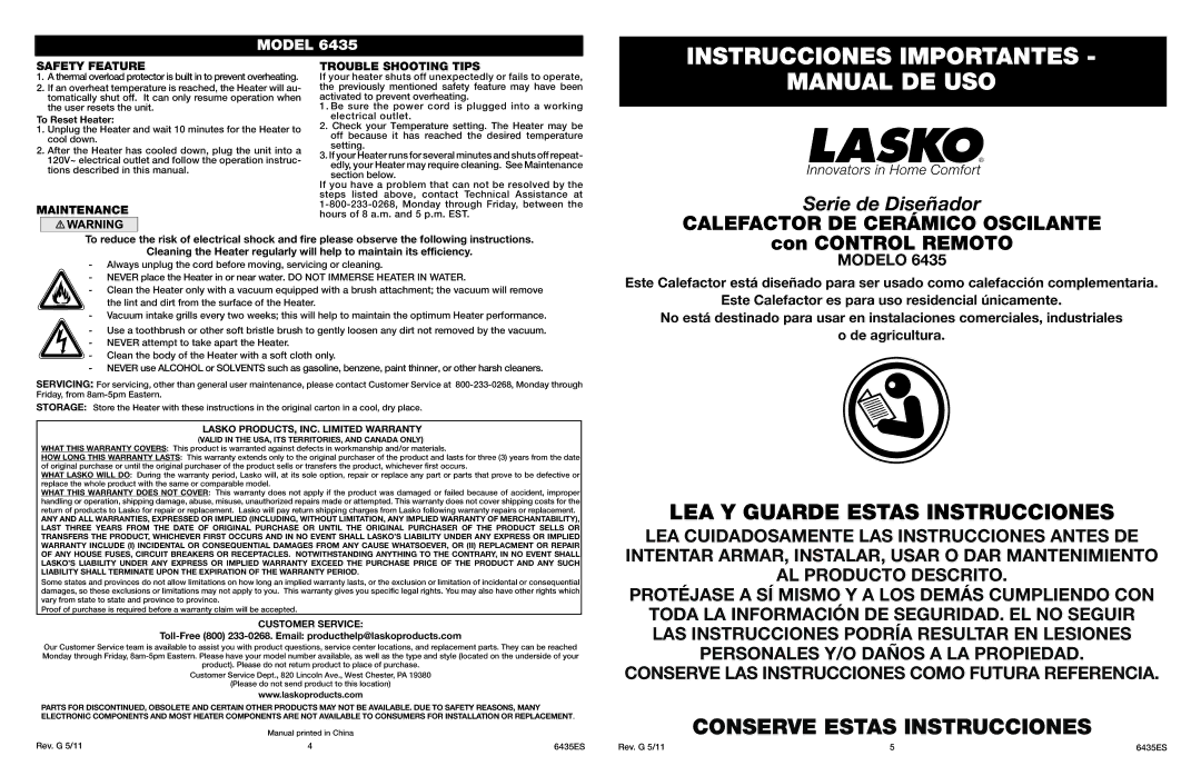 Lasko 6435 manual Instrucciones Importantes, Manual DE USO, Safety Feature, Maintenance Trouble Shooting Tips 