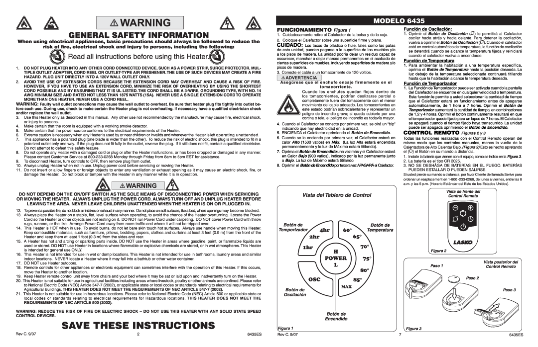 Lasko 6435 manual Save These Instructions, Read all instructions before using this Heater, Modelo, FUNCIONAMIENTO Figura 